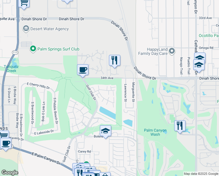 map of restaurants, bars, coffee shops, grocery stores, and more near 6032 Montecito Circle in Palm Springs
