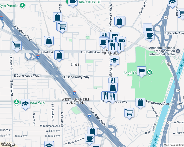 map of restaurants, bars, coffee shops, grocery stores, and more near 1899 Union Street in Anaheim