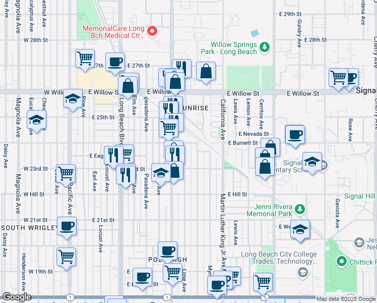 map of restaurants, bars, coffee shops, grocery stores, and more near 2370 Lime Avenue in Long Beach