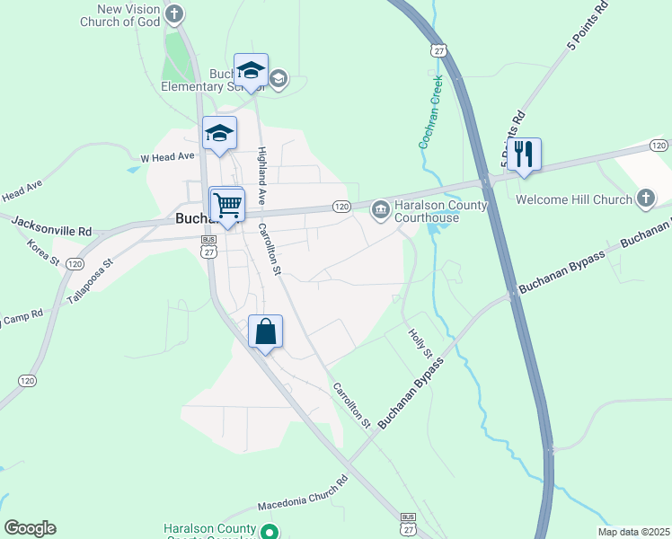 map of restaurants, bars, coffee shops, grocery stores, and more near 117 Park Heights Drive in Buchanan