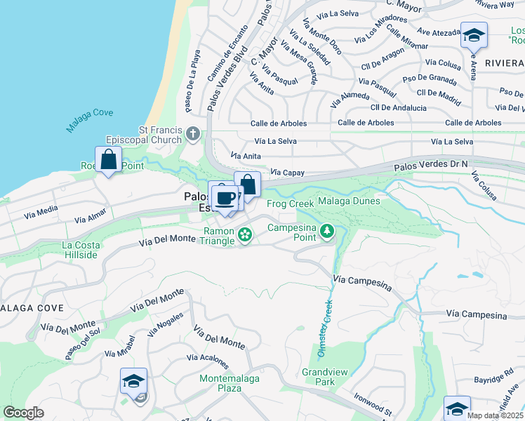 map of restaurants, bars, coffee shops, grocery stores, and more near 2545 Vía Campesina in Palos Verdes Estates