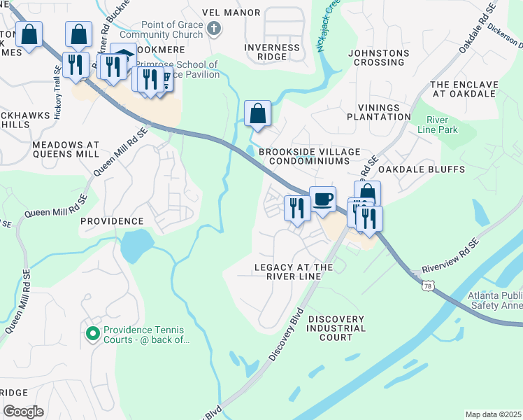 map of restaurants, bars, coffee shops, grocery stores, and more near 6322 Century Park Place in Mableton