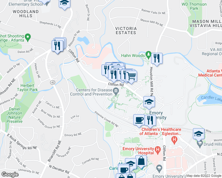 map of restaurants, bars, coffee shops, grocery stores, and more near 1700 Clifton Road in Atlanta