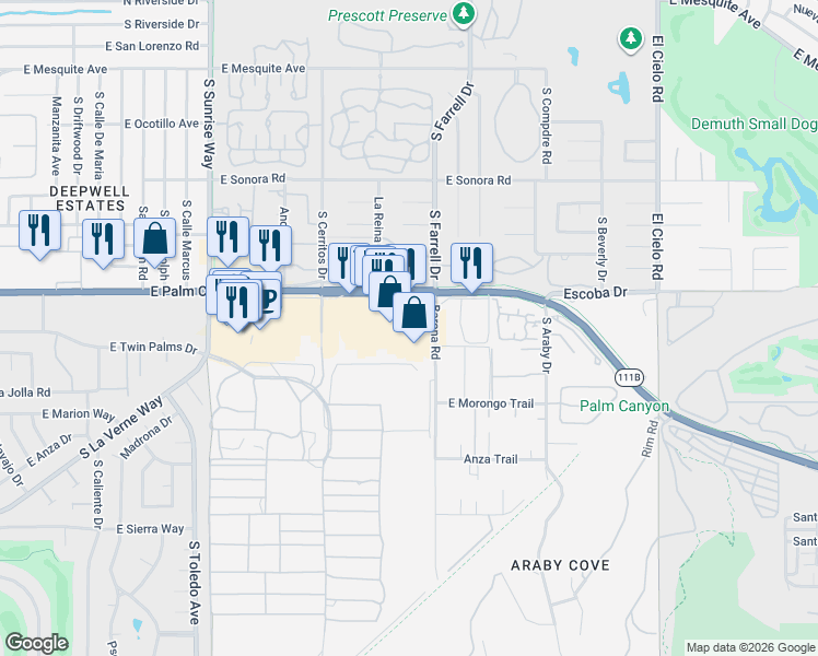 map of restaurants, bars, coffee shops, grocery stores, and more near 2465 East Palm Canyon Drive in Palm Springs