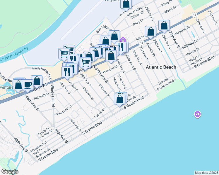 map of restaurants, bars, coffee shops, grocery stores, and more near 501 38th Avenue South in North Myrtle Beach