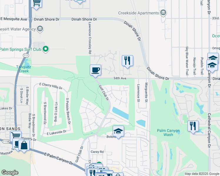 map of restaurants, bars, coffee shops, grocery stores, and more near 6000 Montecito Drive in Palm Springs