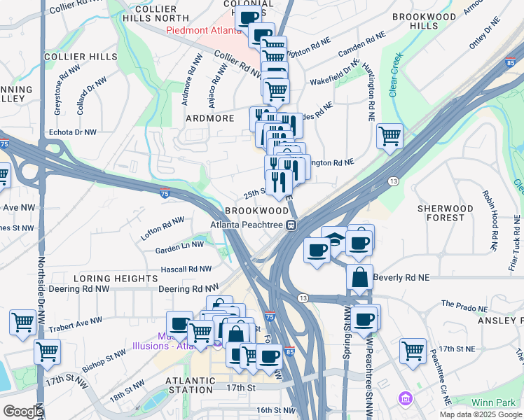 map of restaurants, bars, coffee shops, grocery stores, and more near 28 Standish Avenue Northwest in Atlanta