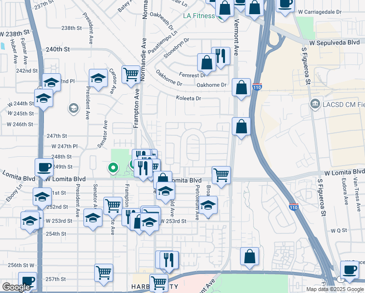 map of restaurants, bars, coffee shops, grocery stores, and more near 1065 West Lomita Boulevard in West Carson
