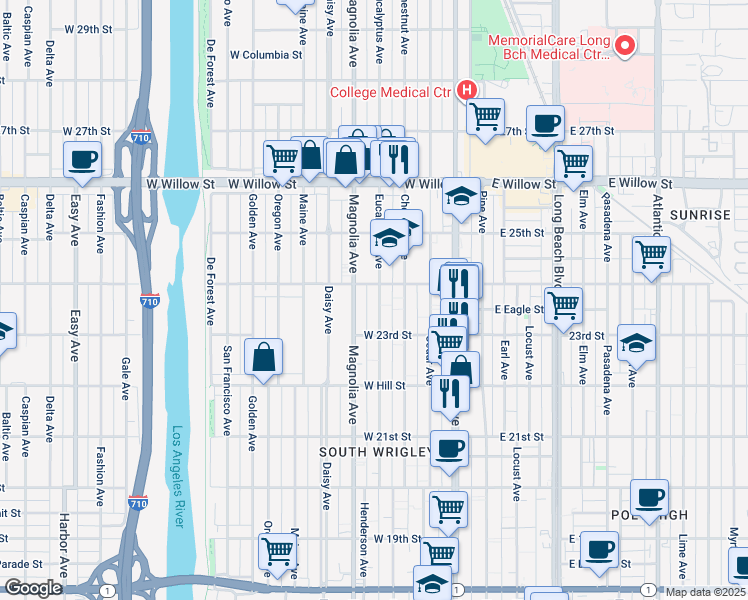 map of restaurants, bars, coffee shops, grocery stores, and more near 2365 Eucalyptus Avenue in Long Beach