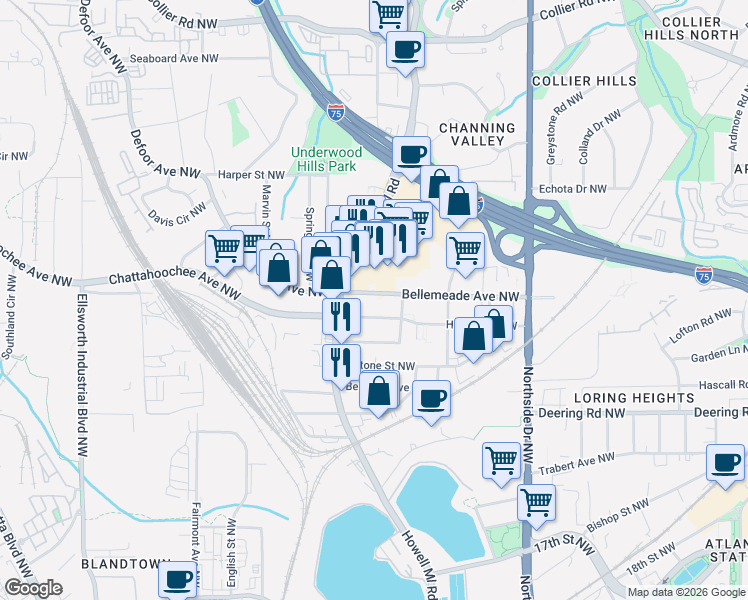 map of restaurants, bars, coffee shops, grocery stores, and more near 782 Holmes Street Northwest in Atlanta