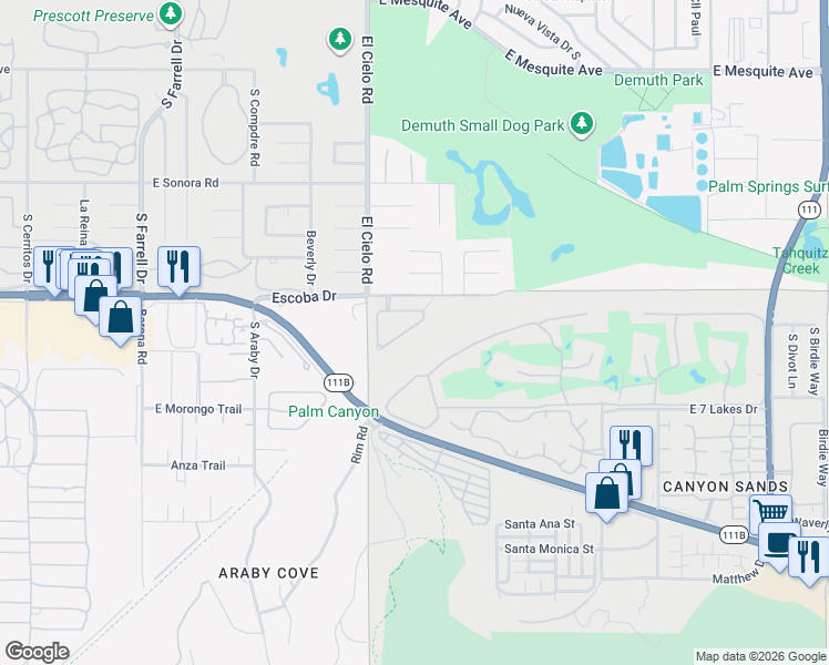 map of restaurants, bars, coffee shops, grocery stores, and more near 3505 Ridgeview Circle North in Palm Springs
