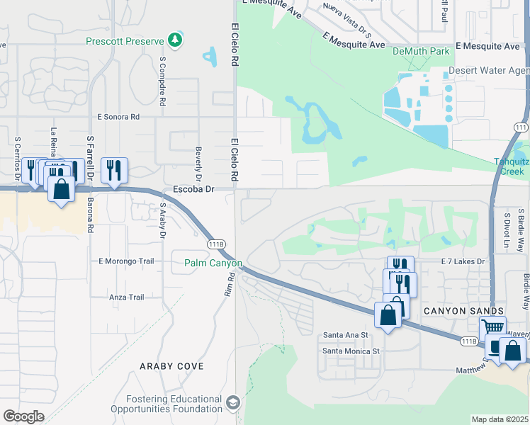 map of restaurants, bars, coffee shops, grocery stores, and more near 3545 Ridgeview Circle North in Palm Springs