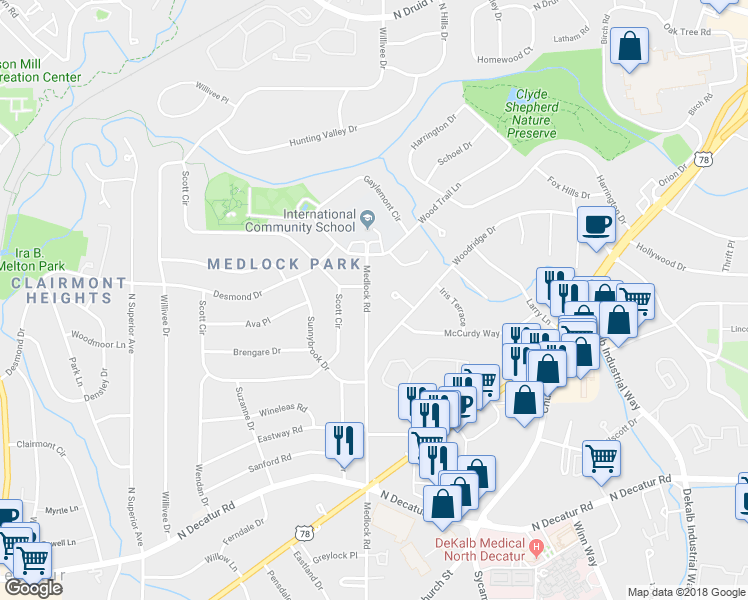 map of restaurants, bars, coffee shops, grocery stores, and more near 783 Medlock Road in Decatur