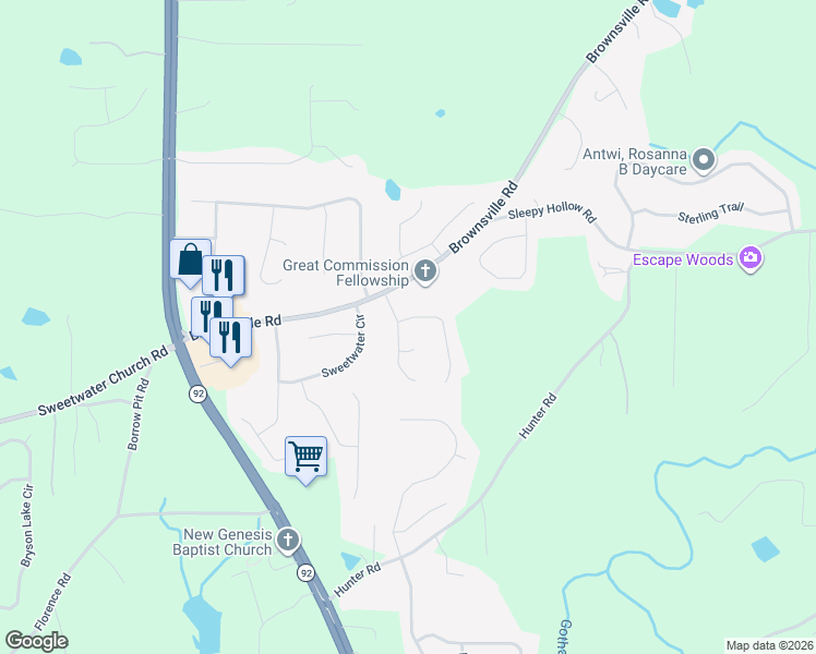 map of restaurants, bars, coffee shops, grocery stores, and more near 77 Breckenridge Drive in Powder Springs