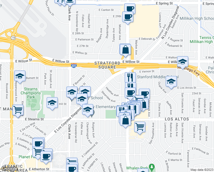 map of restaurants, bars, coffee shops, grocery stores, and more near 2372 Heather Avenue in Long Beach