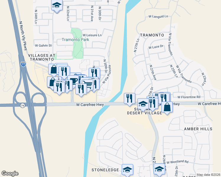 map of restaurants, bars, coffee shops, grocery stores, and more near 34723 North 30th Avenue in Phoenix