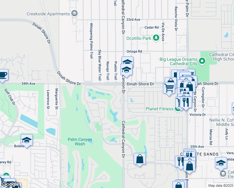 map of restaurants, bars, coffee shops, grocery stores, and more near 34111 Calle Mora in Cathedral City