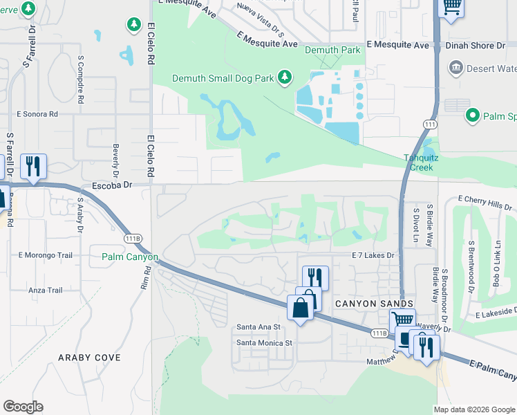map of restaurants, bars, coffee shops, grocery stores, and more near 181 Westlake Drive in Palm Springs
