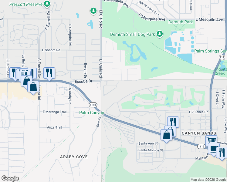 map of restaurants, bars, coffee shops, grocery stores, and more near 3505 Ridgeview Circle North in Palm Springs