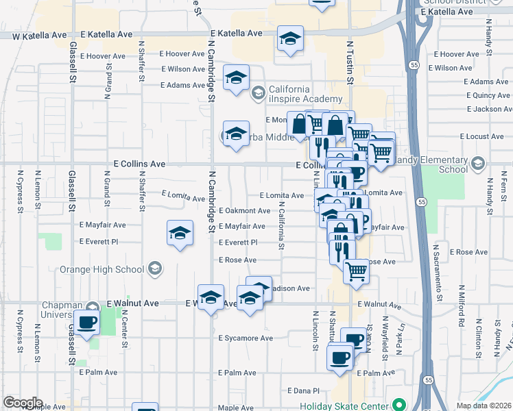 map of restaurants, bars, coffee shops, grocery stores, and more near 1125 East Mayfair Avenue in Orange