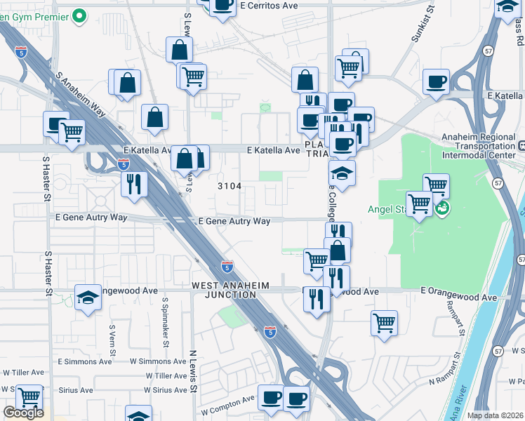map of restaurants, bars, coffee shops, grocery stores, and more near 1200-1202 East Gene Autry Way in Anaheim