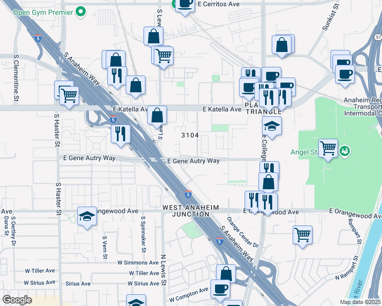 map of restaurants, bars, coffee shops, grocery stores, and more near 900-960 E Gene Autry Way in Anaheim