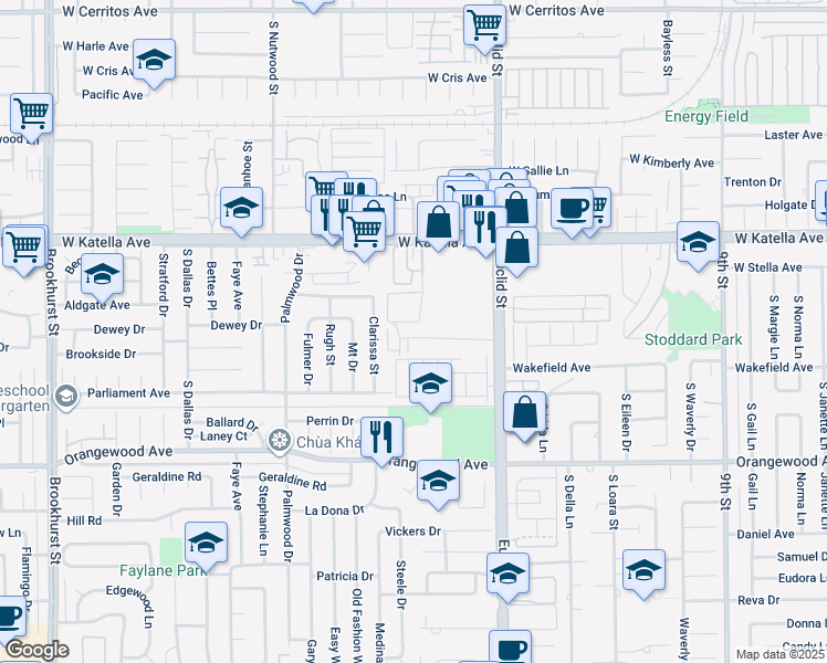map of restaurants, bars, coffee shops, grocery stores, and more near 11234 Steele Street in Garden Grove