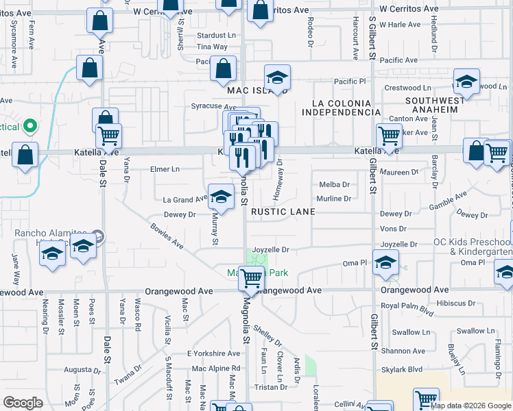 map of restaurants, bars, coffee shops, grocery stores, and more near 9041 Rosanna Avenue in Garden Grove