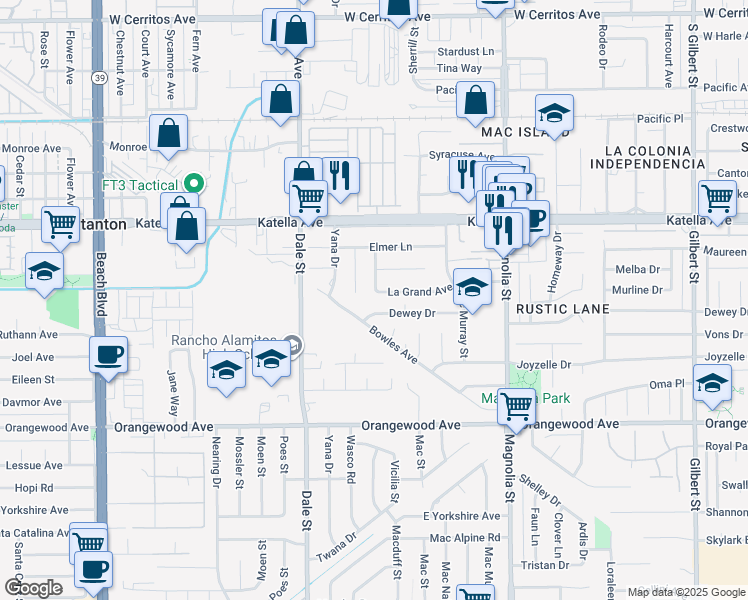 map of restaurants, bars, coffee shops, grocery stores, and more near 8692 Dewey Drive in Garden Grove