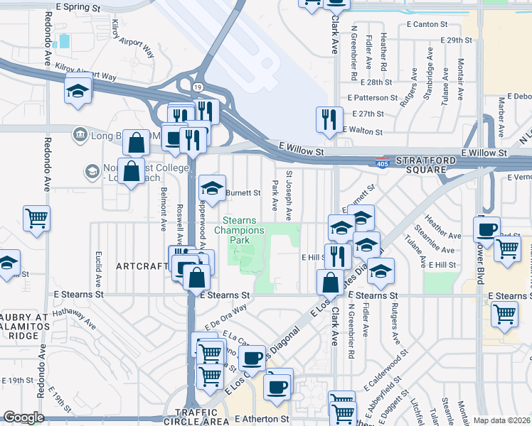 map of restaurants, bars, coffee shops, grocery stores, and more near 2324 Roycroft Avenue in Long Beach