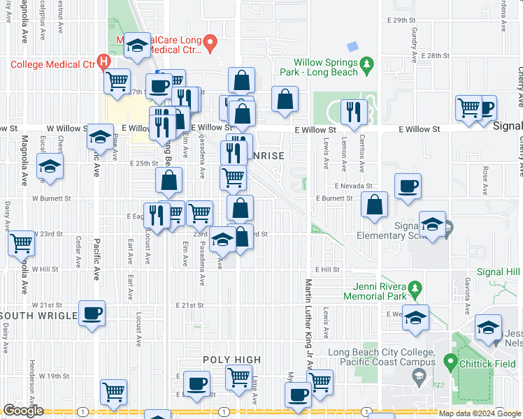 map of restaurants, bars, coffee shops, grocery stores, and more near 2322 Lime Avenue in Long Beach