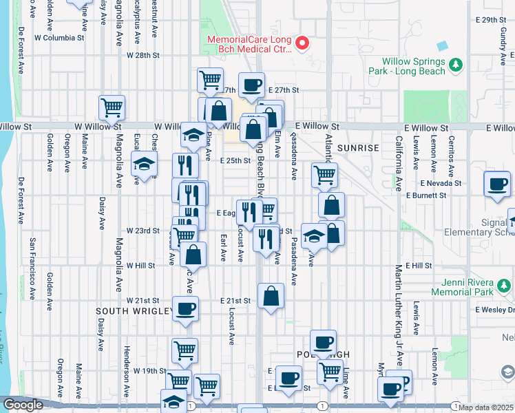 map of restaurants, bars, coffee shops, grocery stores, and more near 2335 Long Beach Boulevard in Long Beach