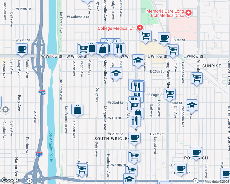map of restaurants, bars, coffee shops, grocery stores, and more near 2322 Eucalyptus Avenue in Long Beach