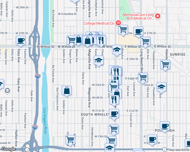 map of restaurants, bars, coffee shops, grocery stores, and more near 2322 Eucalyptus Avenue in Long Beach