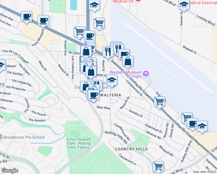 map of restaurants, bars, coffee shops, grocery stores, and more near 3627 Newton Street in Torrance