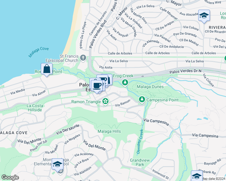 map of restaurants, bars, coffee shops, grocery stores, and more near 2512 Vía Campesina in Palos Verdes Estates