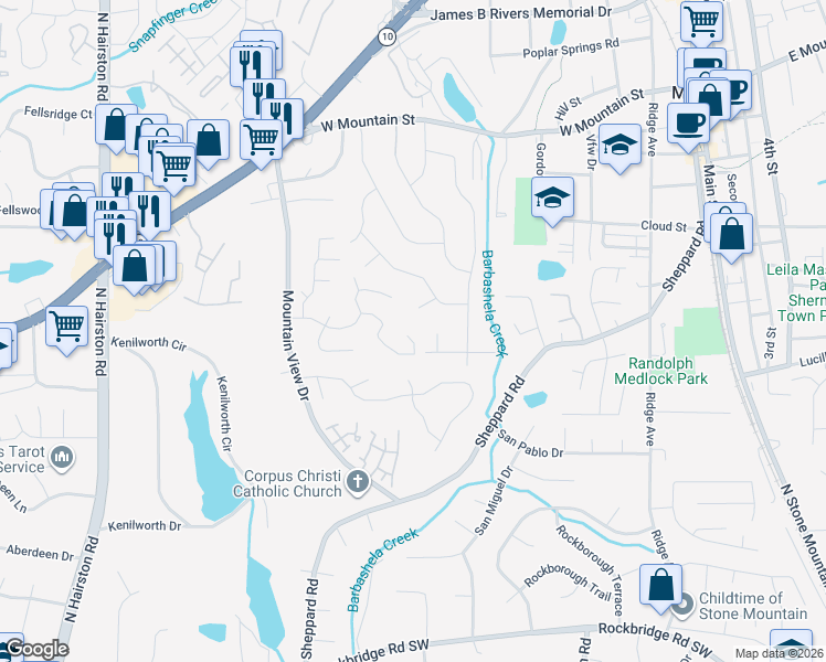 map of restaurants, bars, coffee shops, grocery stores, and more near 5139 Leland Drive in Stone Mountain