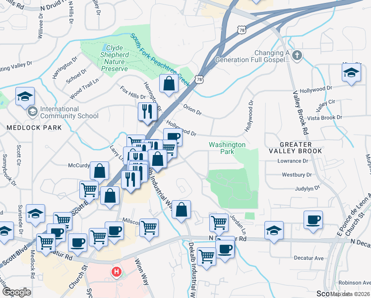 map of restaurants, bars, coffee shops, grocery stores, and more near 788 Jordan Lane in Decatur