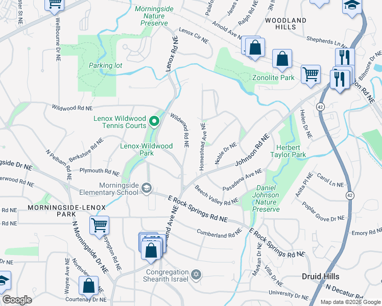 map of restaurants, bars, coffee shops, grocery stores, and more near 1665 Wildwood Road Northeast in Atlanta