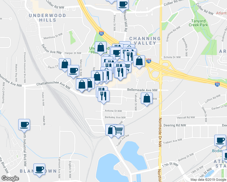 map of restaurants, bars, coffee shops, grocery stores, and more near 796 Bellemeade Avenue Northwest in Atlanta