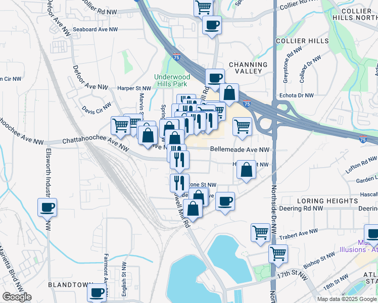 map of restaurants, bars, coffee shops, grocery stores, and more near 814 Bellemeade Avenue Northwest in Atlanta