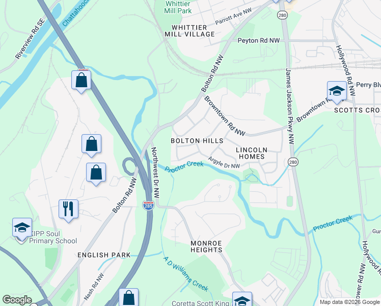 map of restaurants, bars, coffee shops, grocery stores, and more near 2960 Besto Drive Northwest in Atlanta