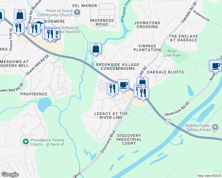 map of restaurants, bars, coffee shops, grocery stores, and more near 1278 Discover Green Lane in Mableton