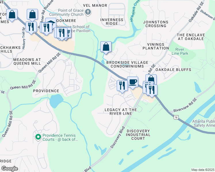 map of restaurants, bars, coffee shops, grocery stores, and more near 6322 Century Park Place in Mableton