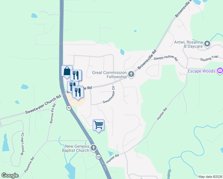 map of restaurants, bars, coffee shops, grocery stores, and more near 14 Sweetwater Place in Powder Springs
