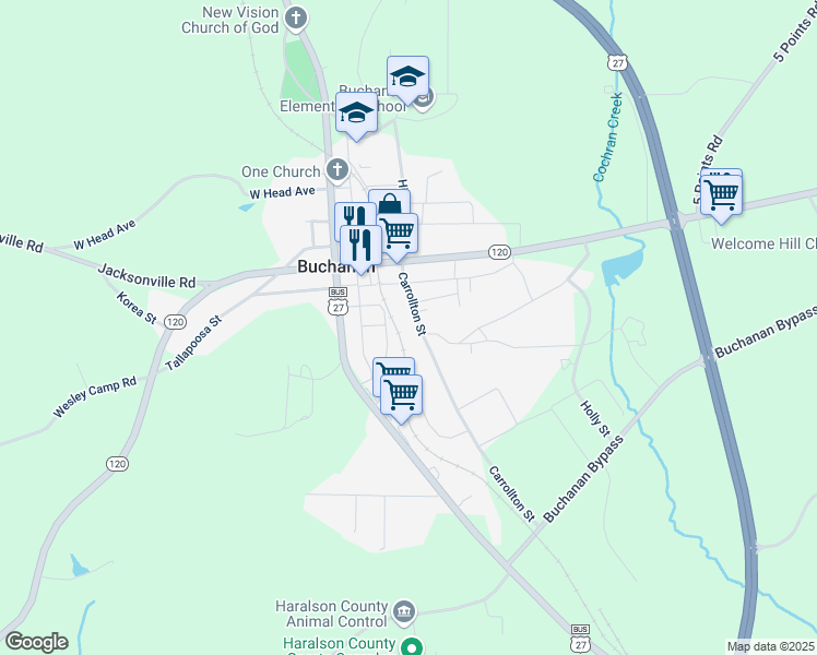 map of restaurants, bars, coffee shops, grocery stores, and more near 284 Carrollton Street in Buchanan
