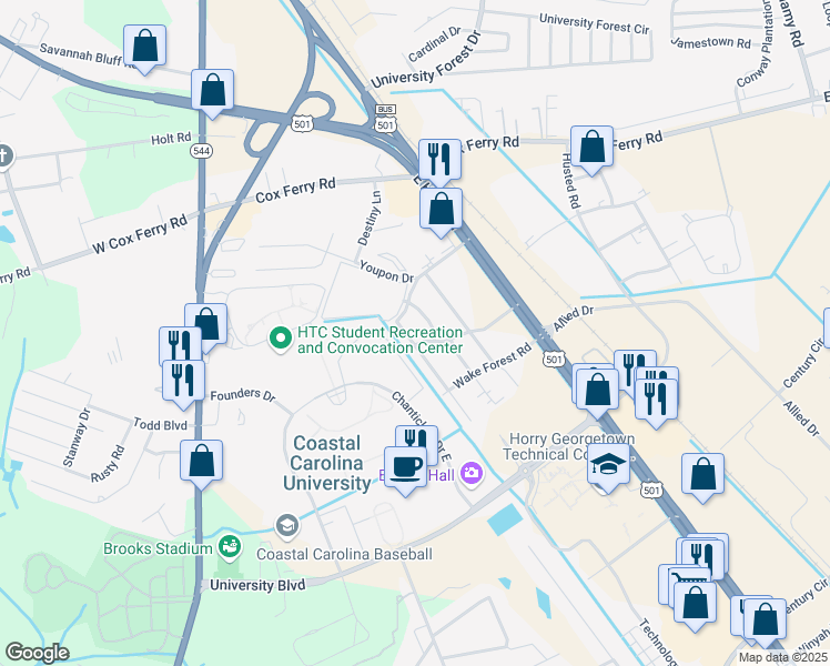 map of restaurants, bars, coffee shops, grocery stores, and more near 5003 Converse Drive in Conway