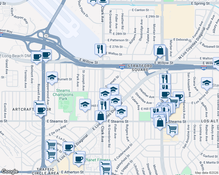 map of restaurants, bars, coffee shops, grocery stores, and more near 5130 East Burnett Street in Long Beach