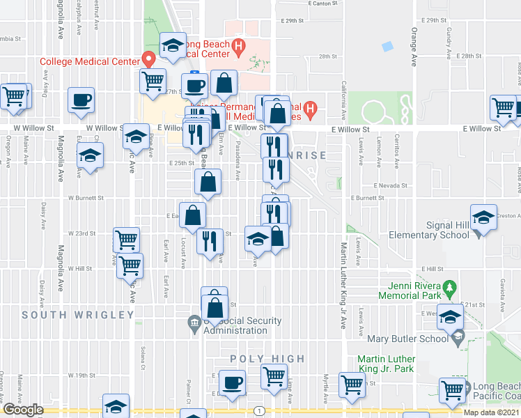 map of restaurants, bars, coffee shops, grocery stores, and more near 2366 Linden Avenue in Long Beach