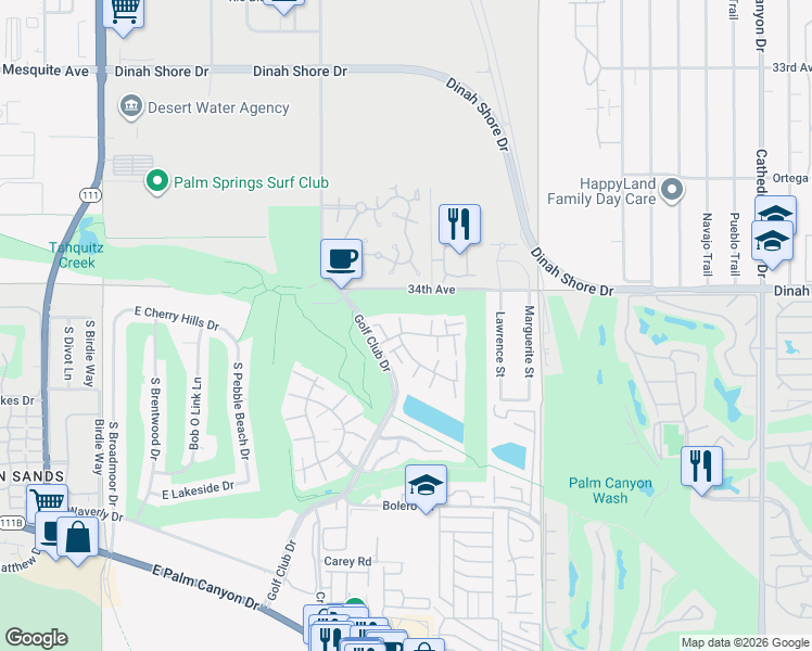 map of restaurants, bars, coffee shops, grocery stores, and more near 6032 Montecito Drive in Palm Springs